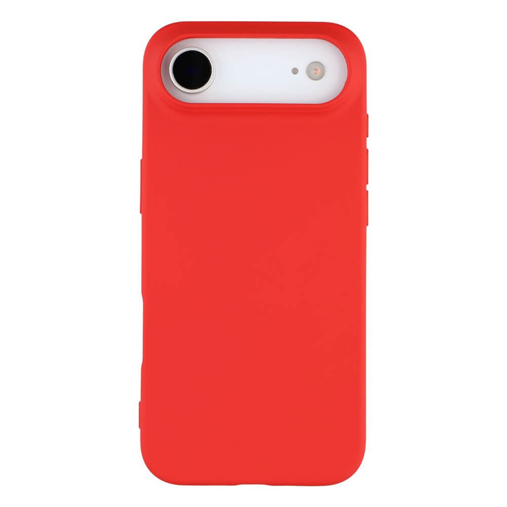 Smartphone mit rotem Schutzcase und weißem Ausschnitt für Kamera und Blitz, vor weißem Hintergrund.