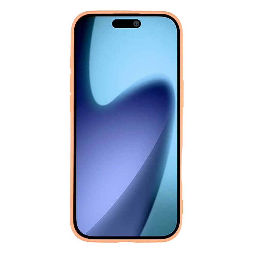 Modernes Smartphone mit orangener Hülle vor blau-lila abstraktem Hintergrund auf weißem Untergrund.