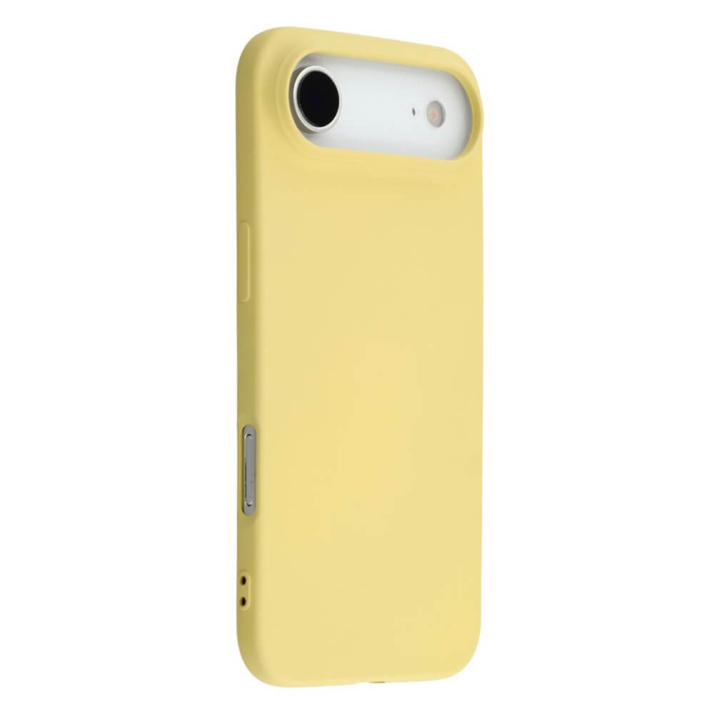 Smartphone mit gelbem Schutzcase, das Rückseite und Seiten umhüllt; Kamera und Blitz sichtbar.