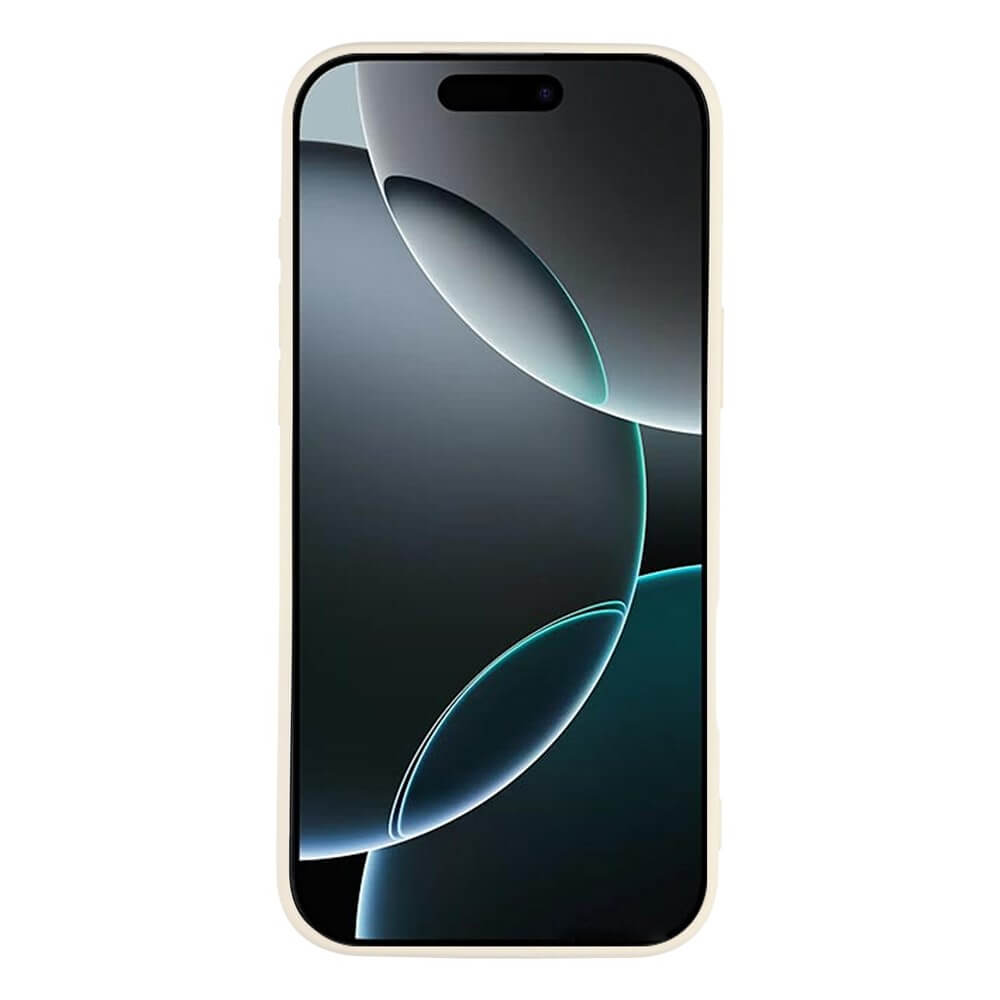 Modernes Smartphone mit cremefarbenem Rahmen vor dunklem, abstraktem Hintergrund mit leuchtenden Kreisen.