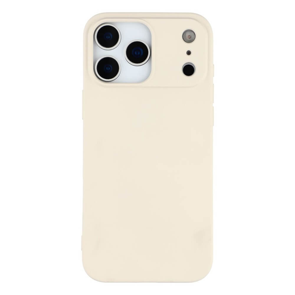 #farbe_weiss|Strapazierfähige Cover-Discount Silikon Gummi Hülle in Beige für iPhone 17 Pro Max mit passgenauen Kameraausschnitten für drei Linsen und Blitz oben links.