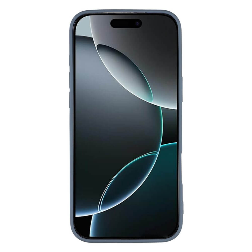 Modernes Smartphone mit dunkelgrauer Schutzhülle vor abstraktem Hintergrund mit blau-grünen Leuchteffekten