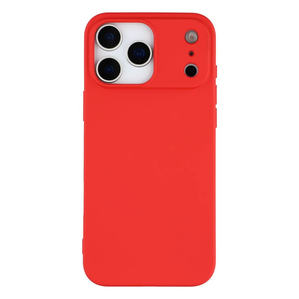 Smartphone mit rotem, hochwertigem Schutzcover und präzisen Aussparungen für das Triple-Kamera-System.
