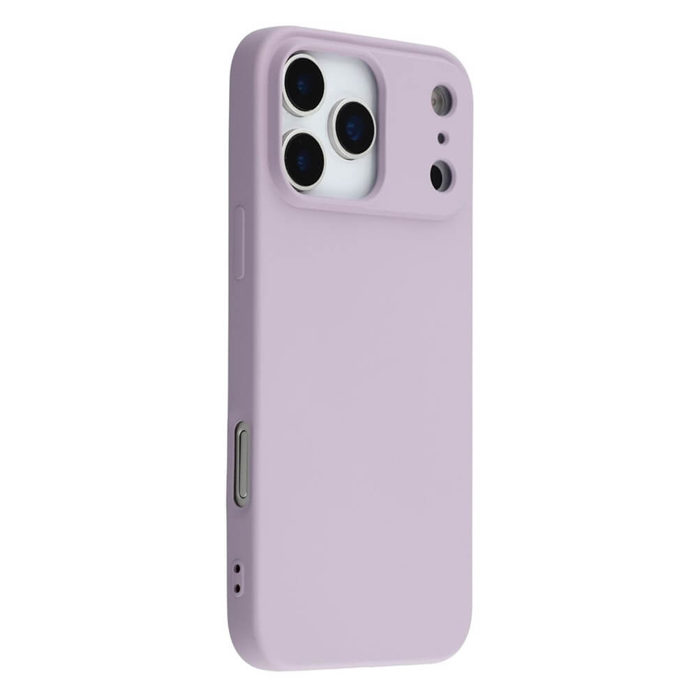 Smartphone mit dreifacher Kamera in pastelllila Schutzhülle mit Aussparungen für Tasten und Lautsprecher