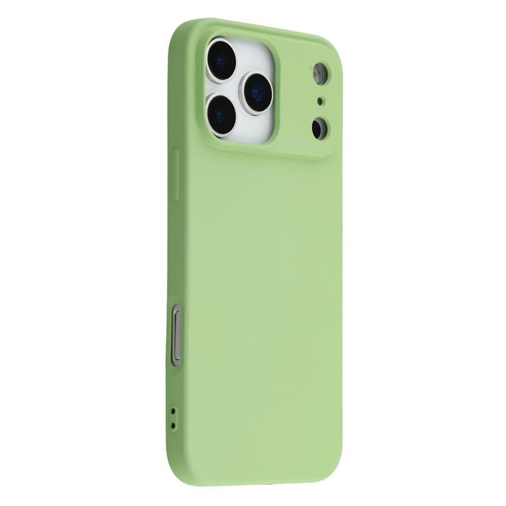 Smartphone im hellgrünen Schutzgehäuse mit Dreifachkamera und seitlichen Tasten, auf weißem Hintergrund.
