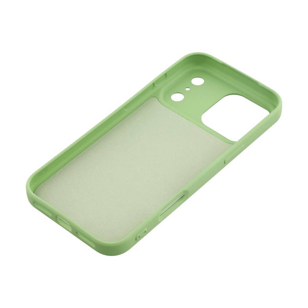 Hellgrüne Smartphone-Hülle mit Kameraausschnitt und Tastenöffnung, schlicht und elegant.