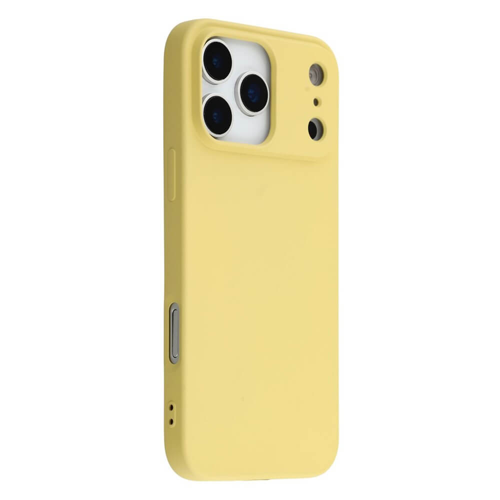 Gelbes Smartphone-Case mit Aussparungen für Dreifach-Kamera und Seitentaste, passend für Schweizer Modell.