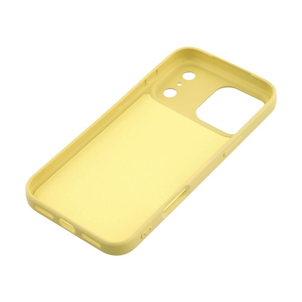 Gelbe Smartphone-Hülle mit präzisen Aussparungen für Kamera und Tasten, hochwertig für optimalen Schutz.