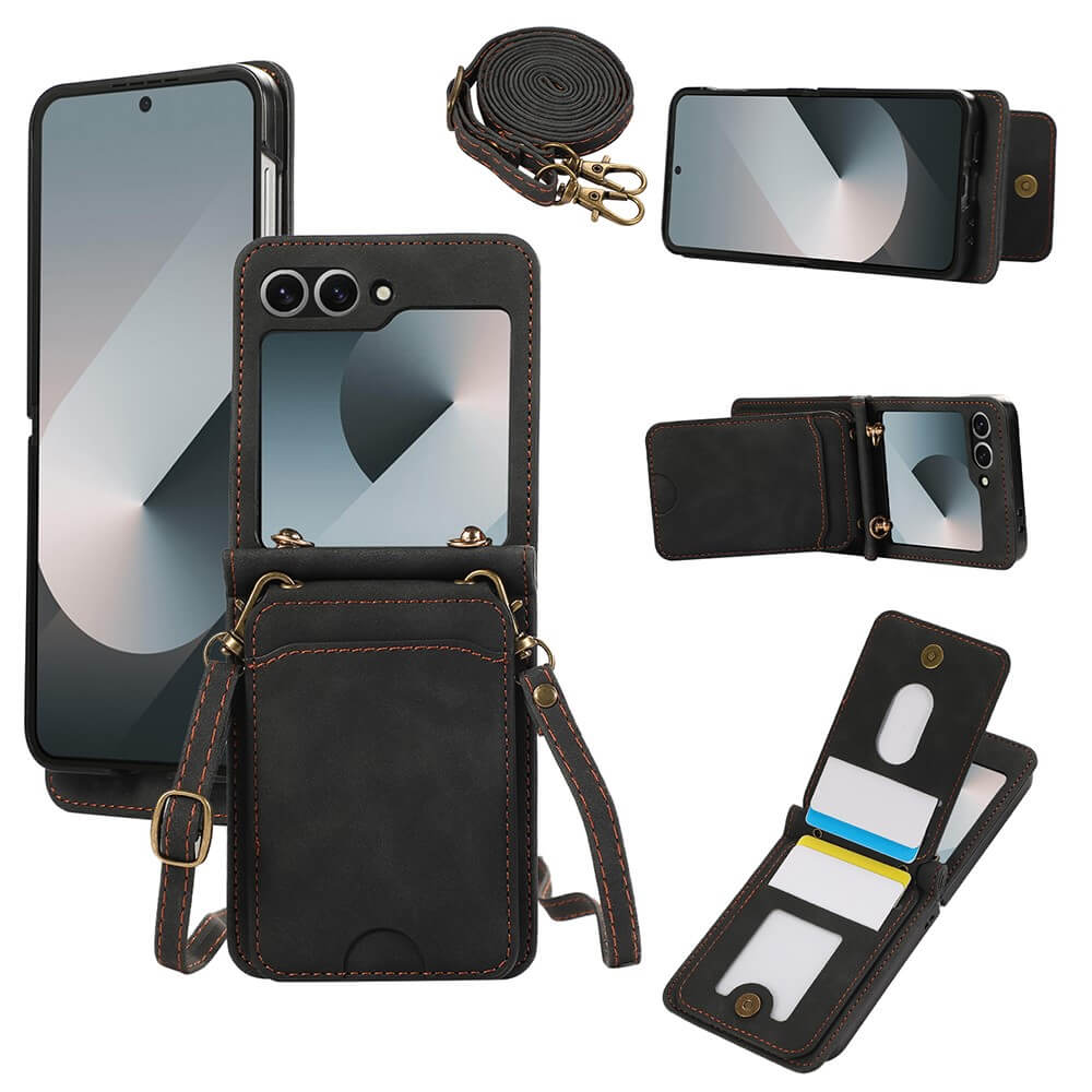 #farbe_schwarz|Das Cover-Discount Galaxy Z Flip7 Etui mit vielen Kartenfächern, Umhängeband und Spiegel wird offen, geschlossen und mit eingelegtem Handy gezeigt.