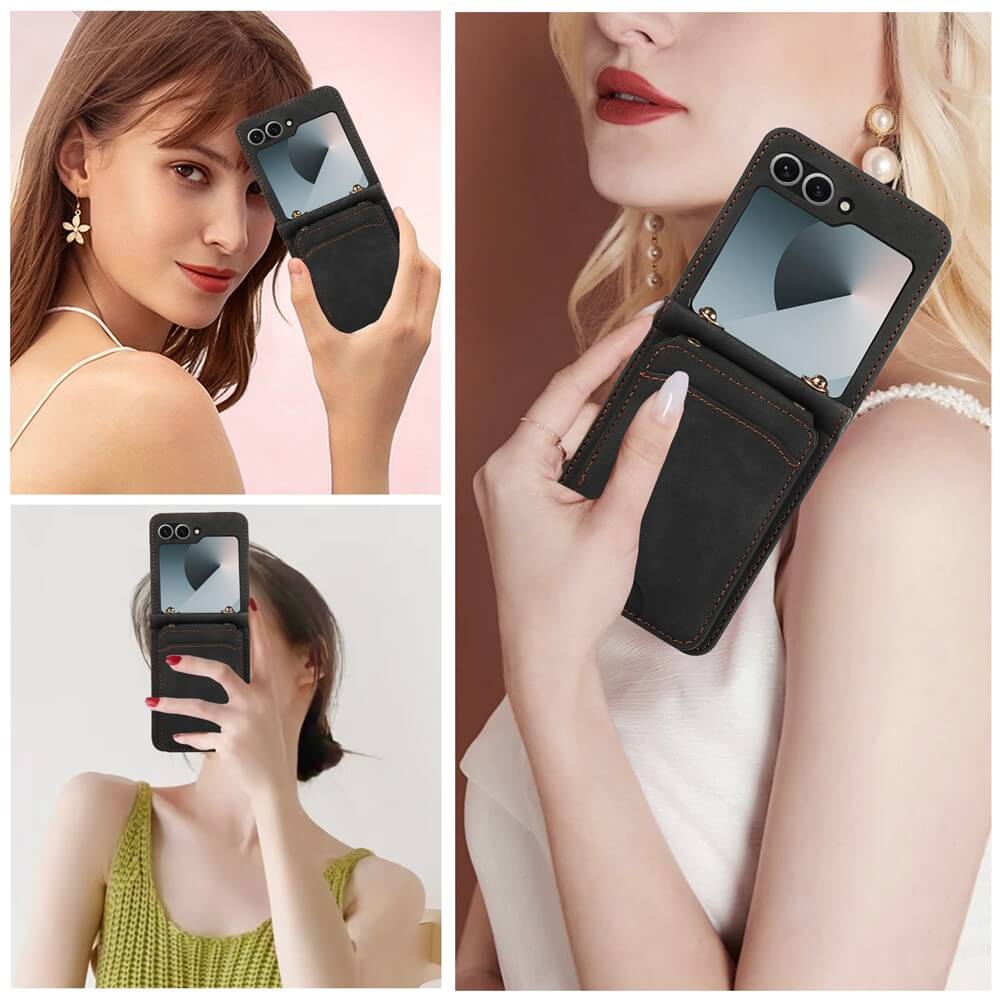 Drei Frauen benutzen Cover-Discount Galaxy Z Flip7 Etui mit vielen Kartenfächern und Umhängeband und halten ihre stylischen Taschen wie kompakte Spiegel für Selfies.