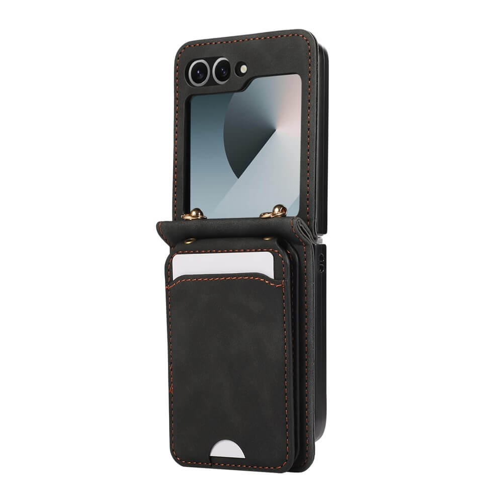 Das Cover-Discount Galaxy Z Flip7 Etui mit vielen Kartenfächern und Umhängeband schützt Ihr faltbares Handy, lässt Bildschirm und Kamera sichtbar.