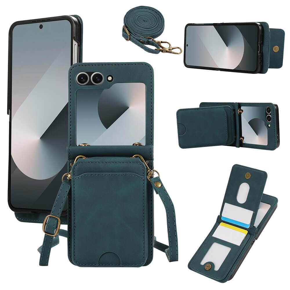 Cover-Discount Galaxy Z Flip7 - Etui viele Kartenfächer mit Umhängeband, aus verschiedenen Blickwinkeln am Handy gezeigt.