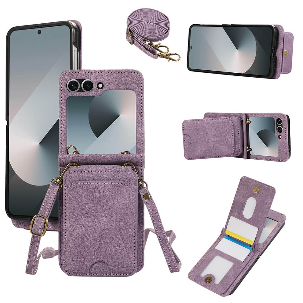 Das Cover-Discount Galaxy Z Flip7 - Etui viele Kartenfächer mit Umhängeband bietet mehrere Fächer und Kartensteckplätze. Das Flip Case, das aus verschiedenen Blickwinkeln gezeigt wird, enthält ein Umhängeband zum bequemen Tragen.
