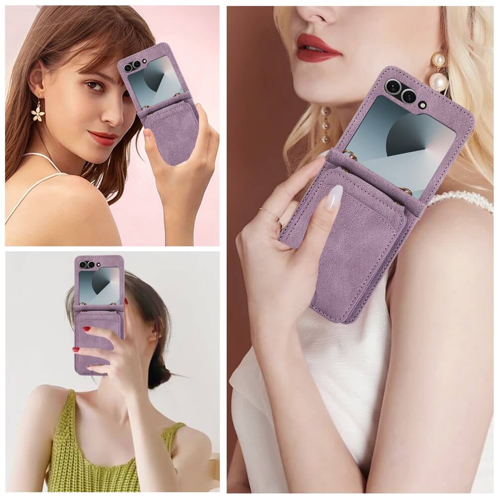 Drei Frauen posieren für Fotos, jede hält ein Cover-Discount Galaxy Z Flip7 Etui mit vielen Kartenfächern und Umhängeband.
