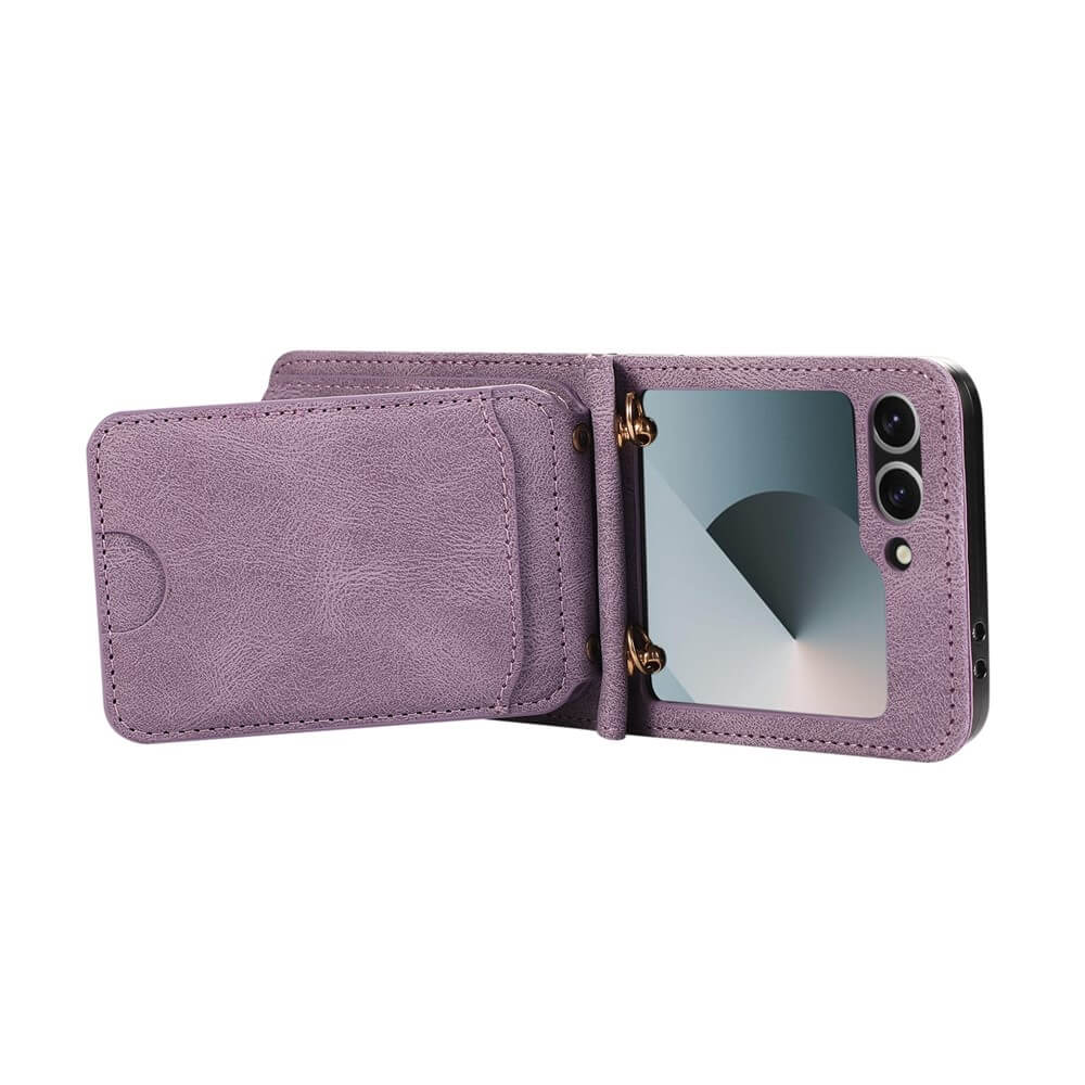 Das Galaxy Z Flip7 - Etui viele Kartenfächer mit Umhängeband von Cover-Discount hält Ihr Klapphandy und Ihre Karten und bleibt teilweise geöffnet, um Geldbeutel und Bildschirm zu zeigen - ideal als stylische Galaxy Z Flip7 Hülle.