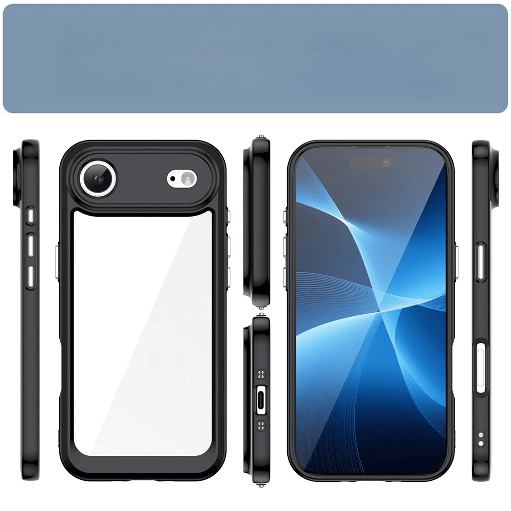 #farbe_schwarz|Moderne Smartphone-Hülle, schwarz mit transparenter weißer Rückseite und großem Kameraobjektiv, aus sechs Perspektiven.