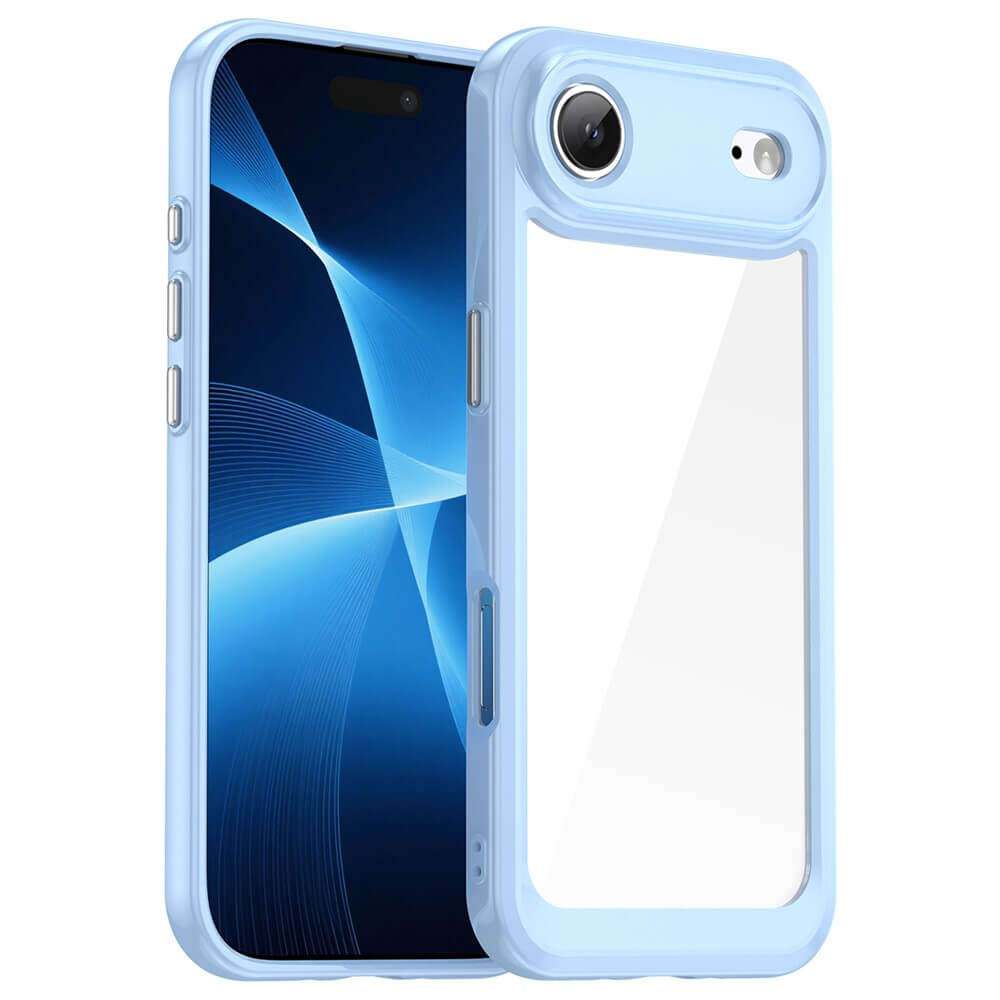Moderner Smartphone mit blauem Wellendesign und hellblauem Case mit Kameraausschnitt, Vorderansicht.