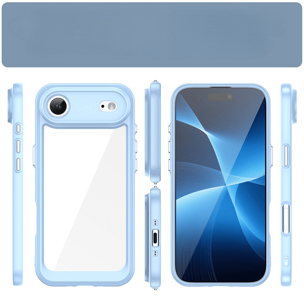 Helles blaues Smartphone-Schutzcase mit präzisen Ausschnitten für Kamera und Tasten.