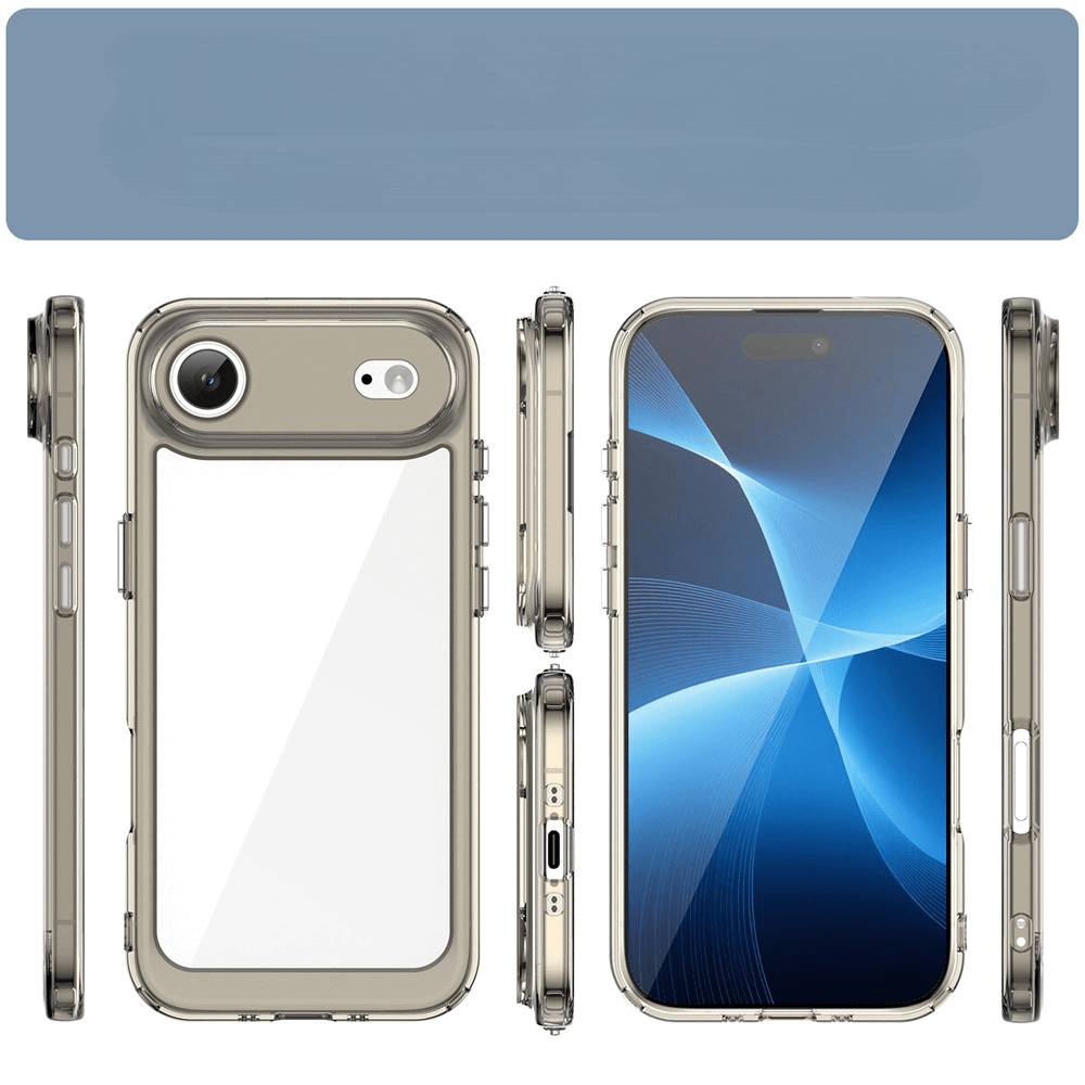 Smartphone mit transparentem Schutzgehäuse, Vorder-, Rück- und Seitenansicht, blauer abstrakter Bildschirmhintergrund
