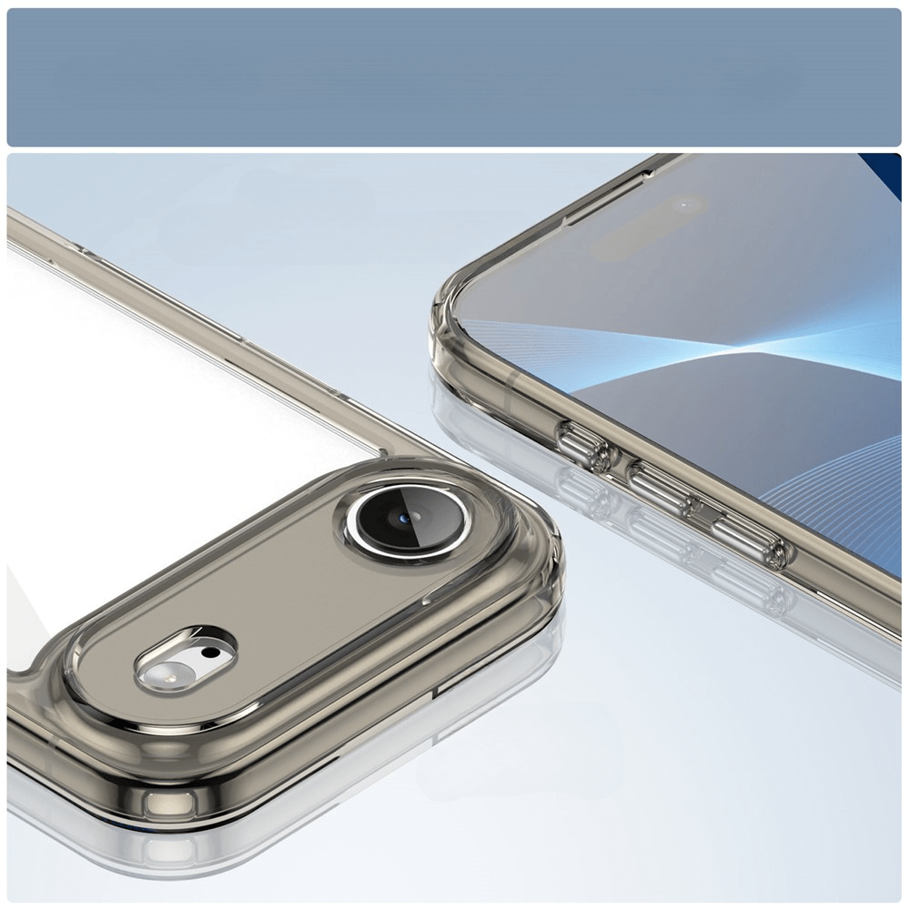 Zwei moderne Smartphones mit transparenten Hüllen, die Metallkanten, Kameramodule und Seitentasten zeigen.