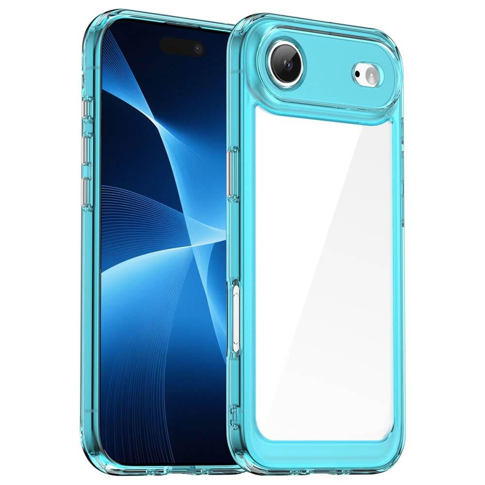 Moderner Smartphone-Bildschirm mit abstraktem blauem Wellenmuster, teilweise in transparenter blauer Hülle.