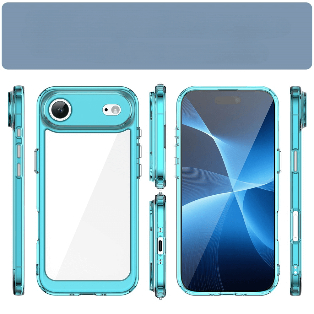 Türkisfarbene transparente Smartphone-Hülle mit abgerundeten Ecken und präzisen Aussparungen, Vorderansicht mit aktivem Display.