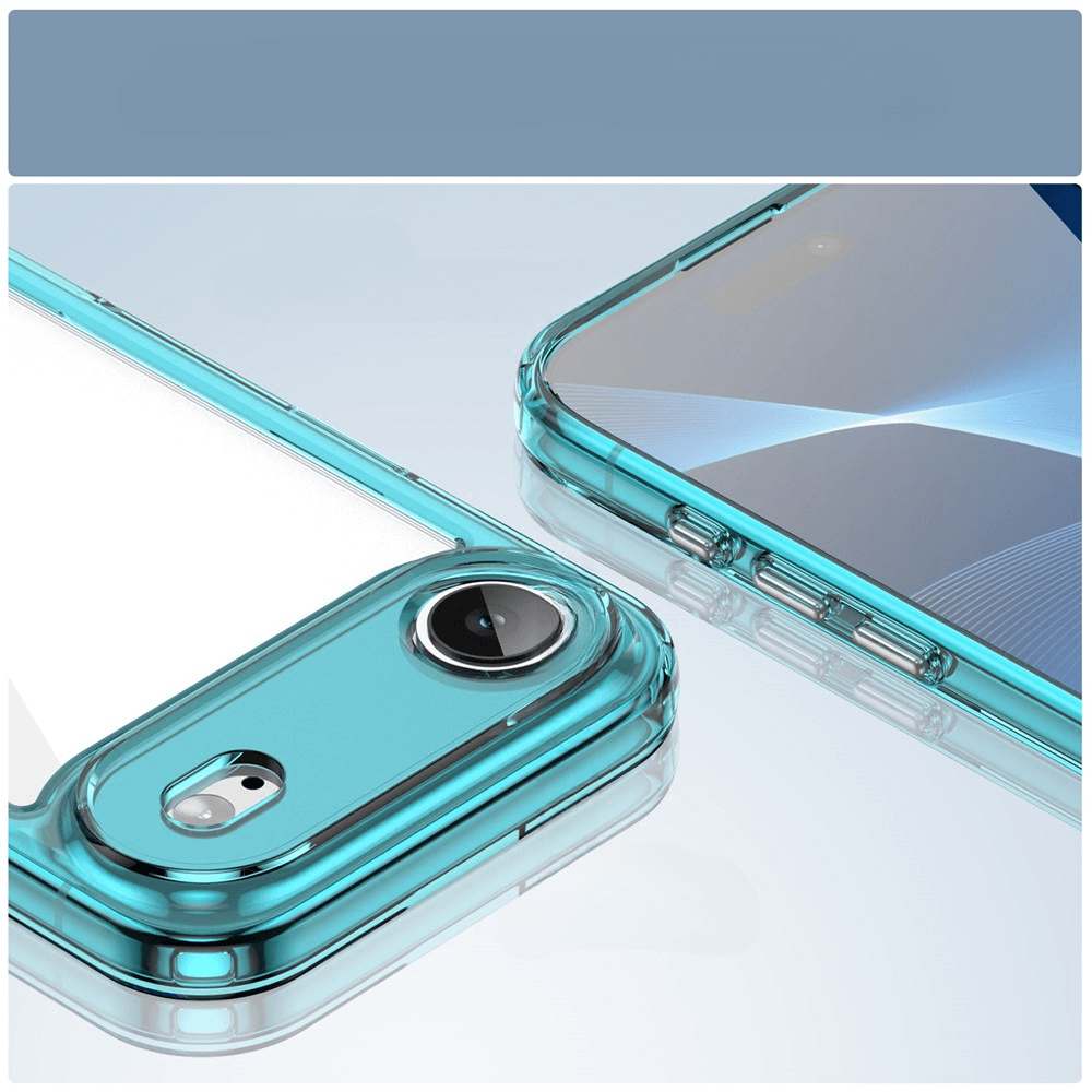 Zwei transparente, türkisfarbene Handyhüllen mit Kameraausschnitt und Tastenöffnungen vor weiß-blauem Hintergrund.
