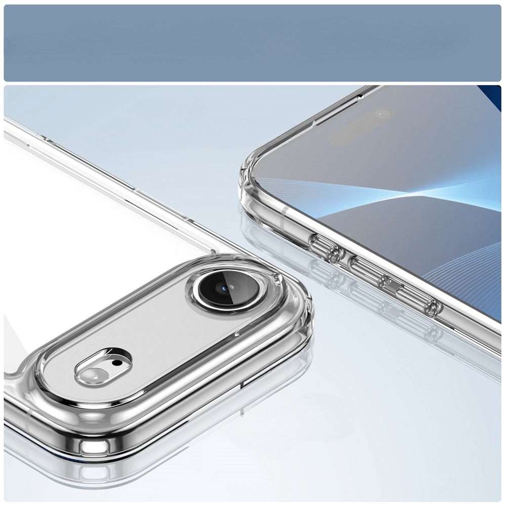 Zwei moderne Smartphones mit transparenten Schutzhüllen auf reflektierender Oberfläche, Vorder- und Rückseite sichtbar.
