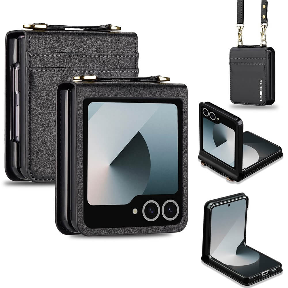 #farbe_schwarz|Ein schwarzes Galaxy Z Flip7 mit der LC.IMEEKE L1 Series Leder Etui Hülle, mit praktischen Kartenfächern. Geschlossen und teilweise geöffnet bietet dieses stylische Flip-Smartphone Case sowohl Eleganz als auch Komfort.