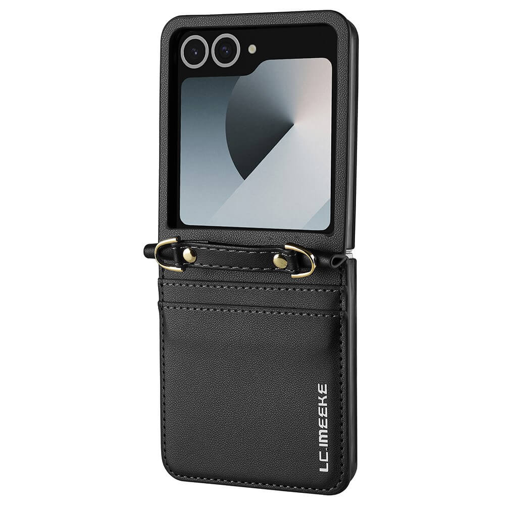 Das Galaxy Z Flip7 wird von der LC.IMEEKE L1 Series Leder Etui Hülle geschützt, die ein faltbares Design, ein sichtbares Cover-Display, Kameralinsen und praktische Kartenfächer für zusätzlichen Komfort bietet.