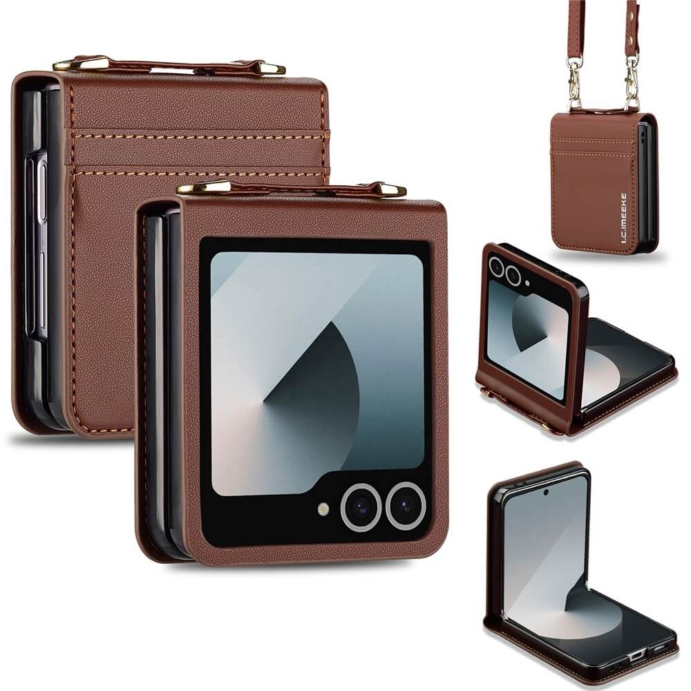 Die aus verschiedenen Blickwinkeln gezeigte LC.IMEEKE L1 Series Leder Etui Hülle für Galaxy Z Flip7 verfügt über eine braune Lederoberfläche, einen Kartenschlitz und einen Riemen - ideal als stilvolle Schutzhülle für Ihr faltbares Telefon.