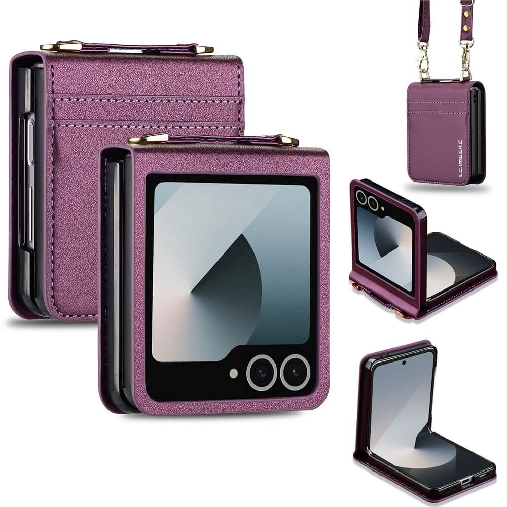 Lila LC.IMEEKE L1 Series Leder Etui Hülle für Galaxy Z Flip7 mit Schulterriemen, der das stylische Etui aus verschiedenen Blickwinkeln zeigt.