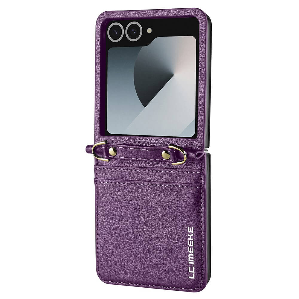 Eine lilafarbene LC.IMEEKE L1 Series Leder Etui Hülle für Galaxy Z Flip7 mit Spiegel und Kartenslot, entwickelt für Smartphones mit Dual-Kamera.