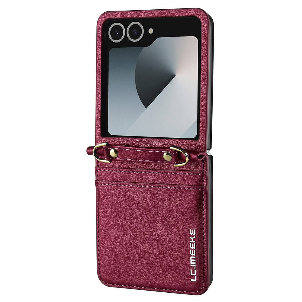 Die LC.IMEEKE L1 Series Leder Etui Hülle für Galaxy Z Flip7 verfügt über kastanienbraunes Leder, einen Ringhalter, Kompatibilität mit zwei Rückkameras und praktische Kartenfächer für Flip Phones.