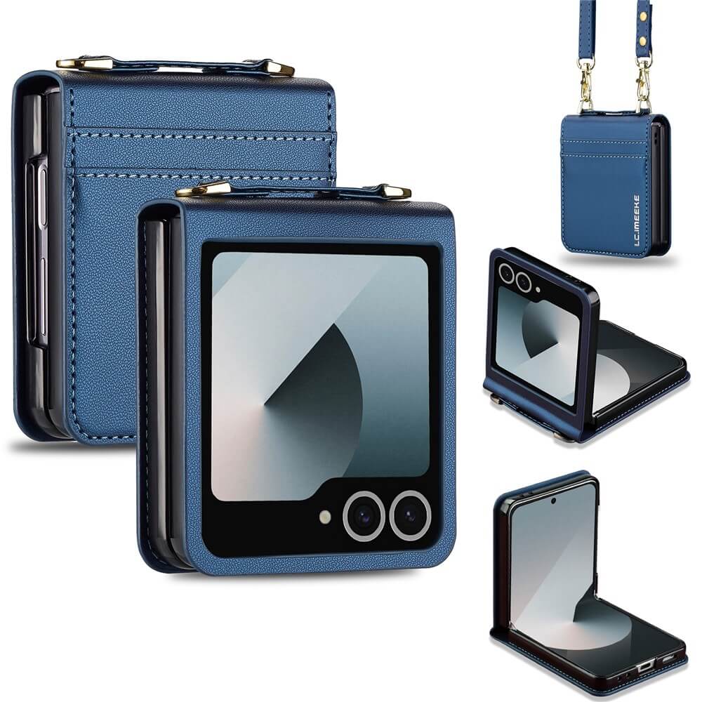 Blaue LC.IMEEKE L1 Series Leder Etui Hülle für Galaxy Z Flip7, faltbares Design, aus mehreren Blickwinkeln dargestellt, mit angebrachtem Band. Marke: LC.IMEEKE.