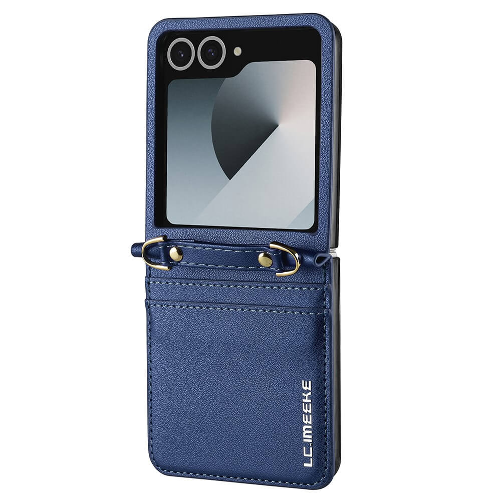 Eine blaue LC.IMEEKE L1 Series Leder Etui Hülle für das Galaxy Z Flip7, mit einer Tasche und zwei Kameraausschnitten.