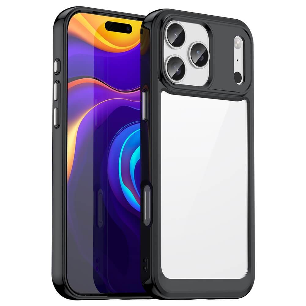 #farbe_schwarz|Modernes Smartphone mit abstraktem Display im schwarzen Schutzcase, weiße Rückseite und Dreifachkamera-Aussparungen.