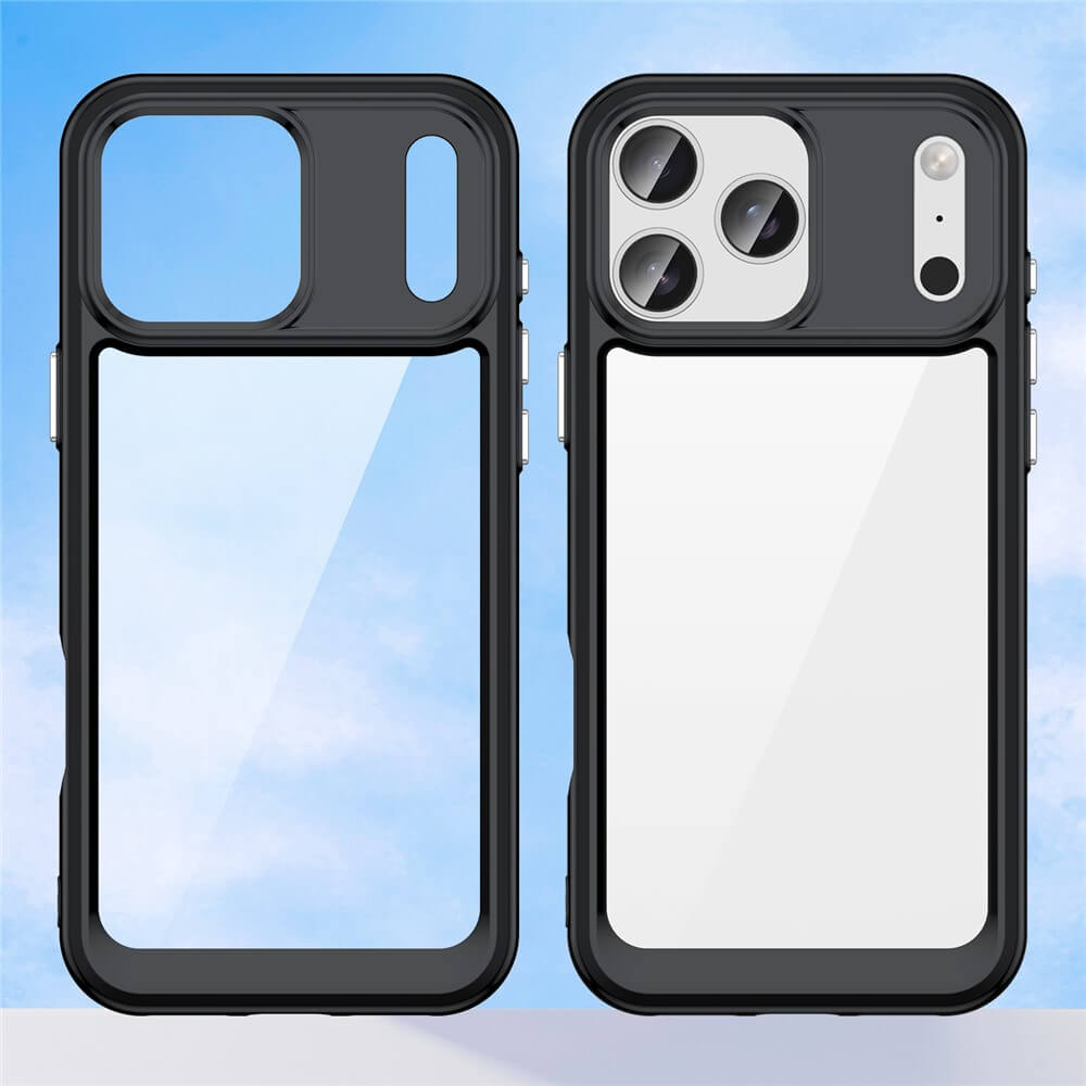 Schwarze Handyhülle mit transparentem Rückteil, links leer, rechts mit weißem Smartphone und Dreifachkamera, vor blauem Himmel.