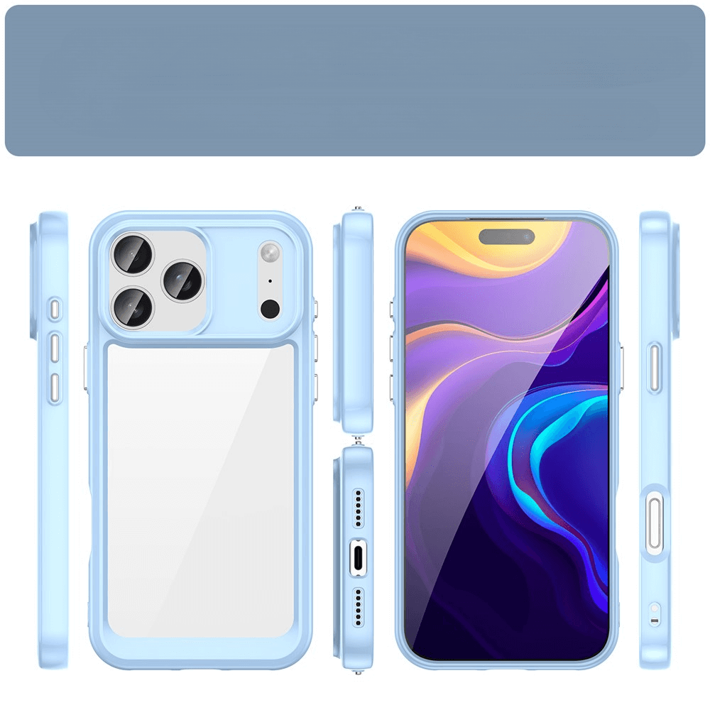 Smartphone mit leuchtendem abstrakten Display, hellblauem Schutzgehäuse, Dreifachkamera und Seitentasten
