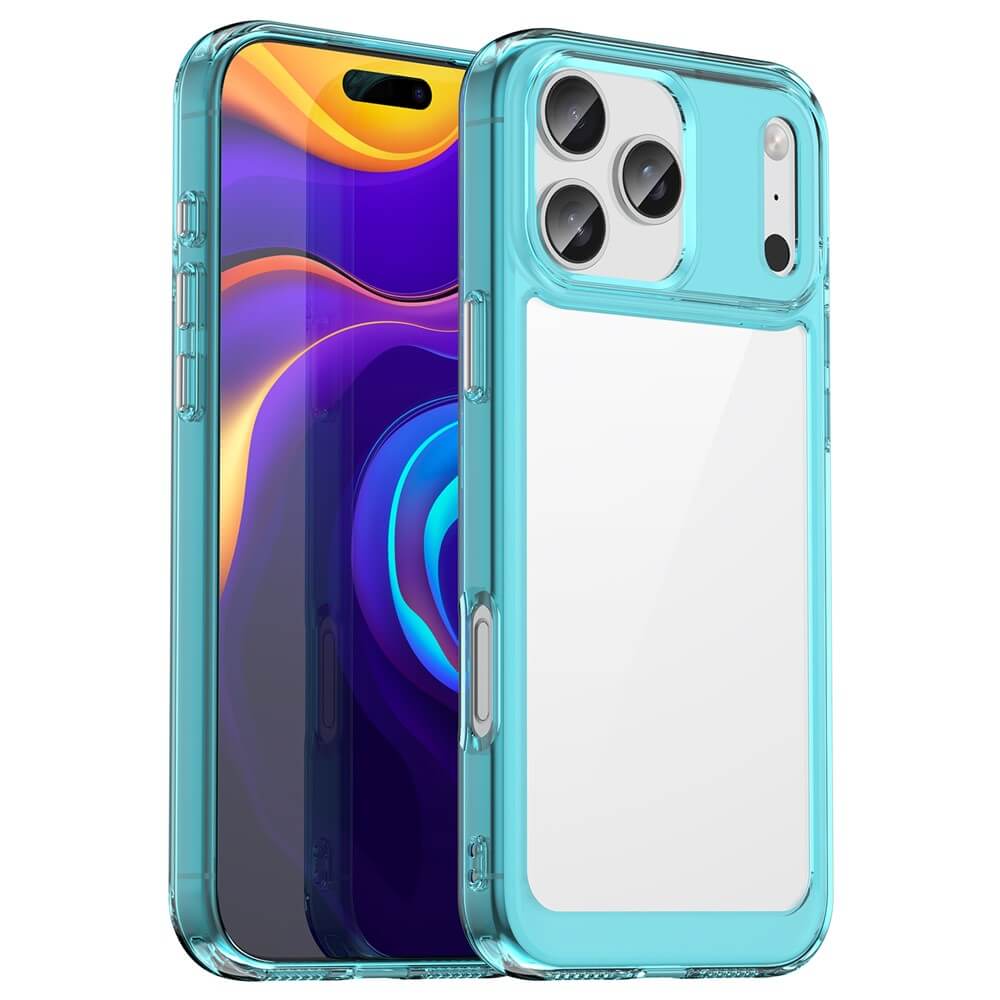 Die Cover-Discount Schutzhülle für das iPhone 17 Pro Max - transparente blaue Acryl-Handyhülle mit erhöhtem Rand, kratzfest und stilvoll, schützt Bildschirm und Triple-Kamera.