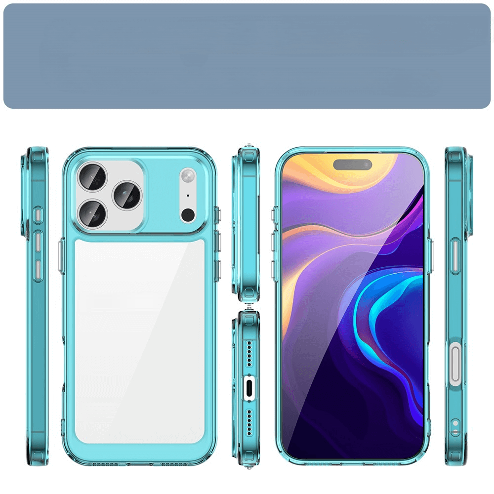 Blaue, transparente Smartphone-Hülle mit drei Kameraaussparungen, klarer Schutz aus verschiedenen Blickwinkeln.