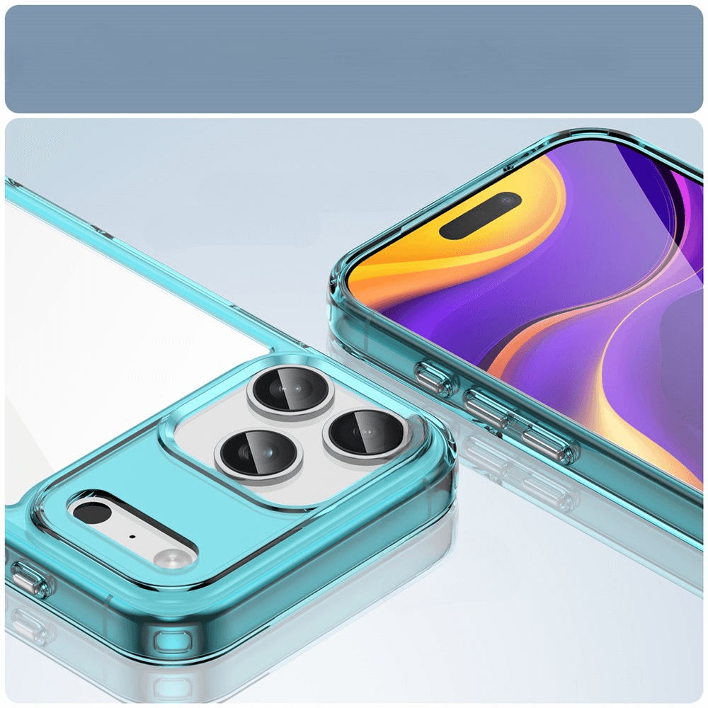 Transparente türkisfarbene Smartphone-Hülle mit Kamera- und Taschenlampenaussparungen, neben passendem Smartphone.