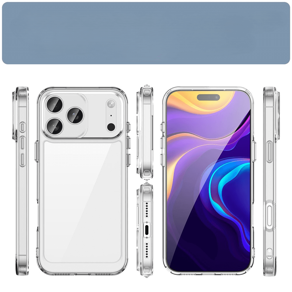 Das Bild zeigt die Vorder- und Rückseite eines iPhone 17 Pro Max mit der schützenden Acryl-Handyhülle mit erhöhtem Rand von Cover-Discount - kratzfest, transparent, idealer Schutz.