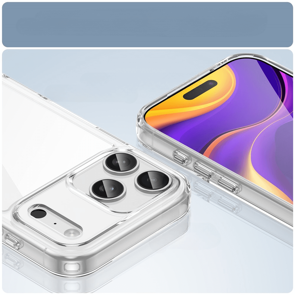 Zwei moderne Smartphones mit klaren Hüllen auf reflektierender Fläche, eines mit Dreifachkamera, das andere mit farbigem Display.