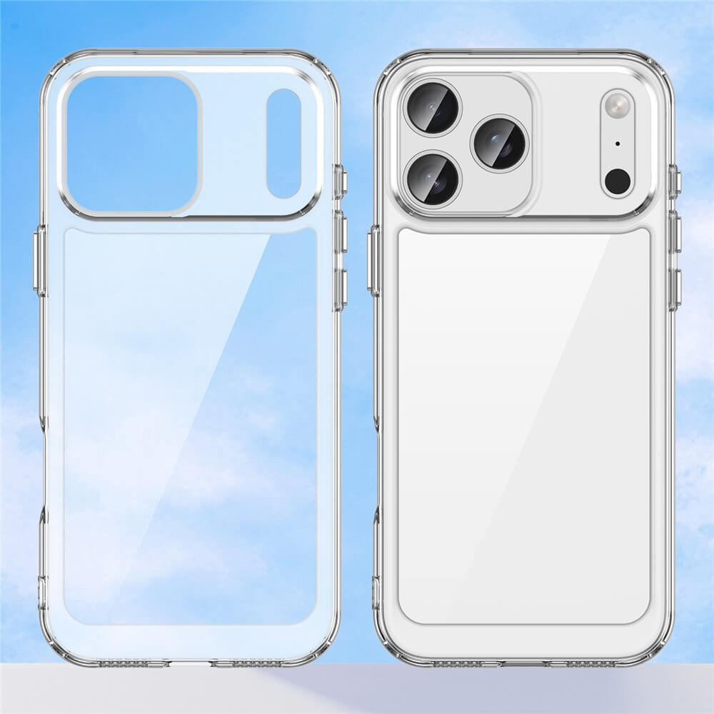 Zwei transparente, kratzfeste Cover-Discount Acryl-Hüllen mit unterschiedlichen Kameraausschnitten liegen vor blauem Himmel - perfekt als schützende iPhone 17 Pro Max Handyhülle mit erhöhtem Rand.