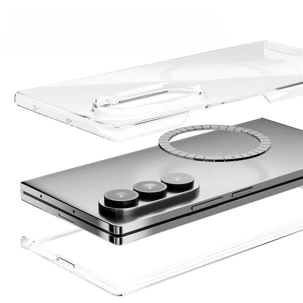 Die ABEEL Acryl-Handyhülle mit MagSafe für das Galaxy Z Fold7 wird in einer Explosionsansicht mit dem Telefon gezeigt, die die präzise Passform, den angepassten Kameraausschnitt und den vollständigen 360-Grad-Schutz zeigt.