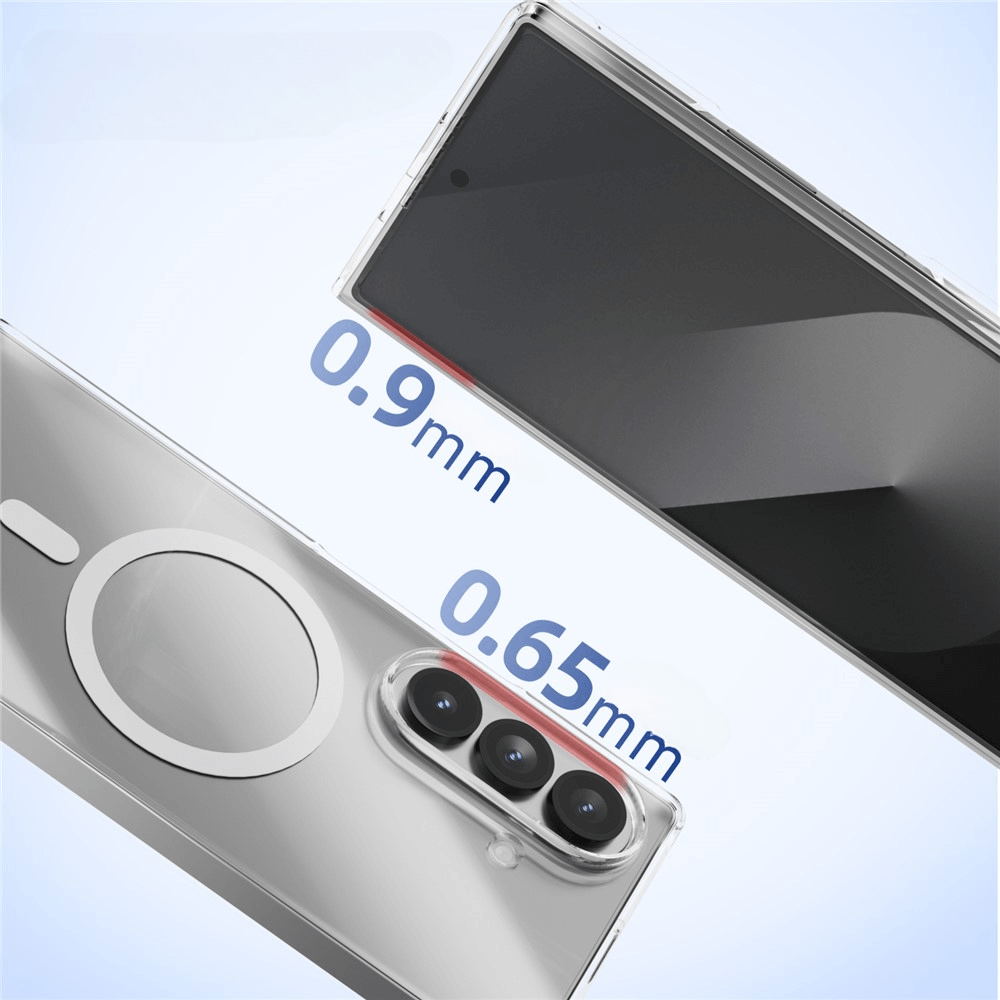 Zwei Galaxy Z Fold7 Telefone aus der Nähe, mit 0,9mm und 0,65mm Abmessungen - ideal für die ABEEL Acryl-Handyhülle mit MagSafe, die 360-Grad-Schutz bietet.