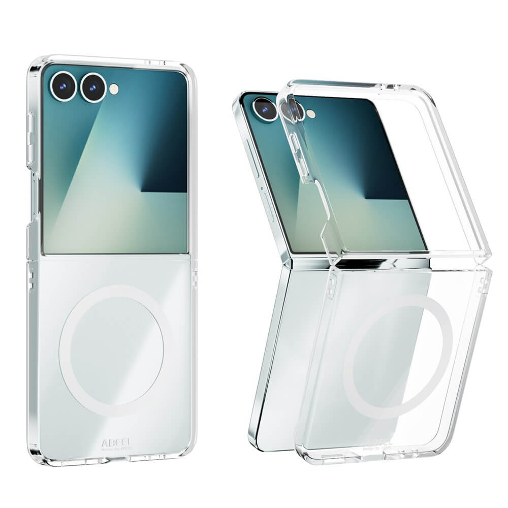 Die ABEEL Acryl-Handyhülle mit MagSafe für Galaxy Z Flip7 bietet 360°-Schutz, Magnetfunktion und ein durchsichtiges Design mit MagSafe-Ring - kompatibel mit faltbaren Smartphones, sichtbar im geöffneten und geschlossenen Zustand.