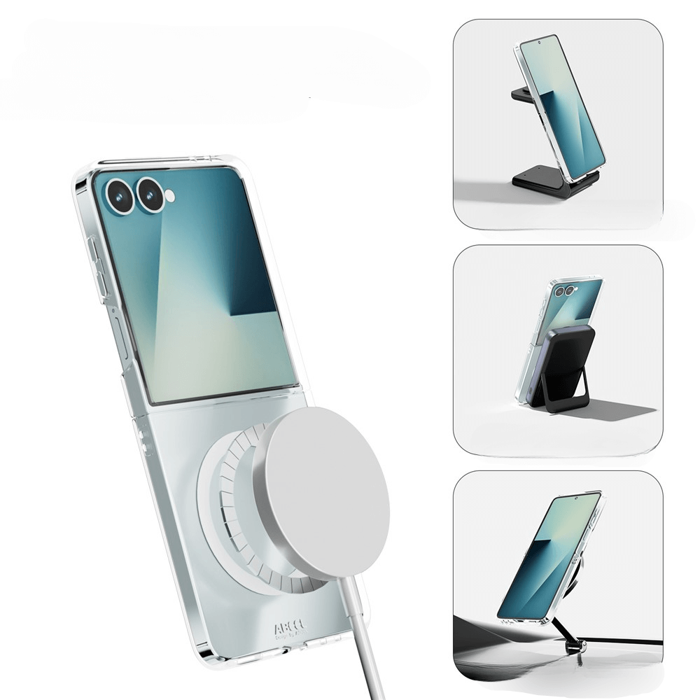 Die ABEEL Acryl-Handyhülle mit MagSafe für das Galaxy Z Flip7 bietet Magnet, Ringständer und 360°-Schutz mit drei flexiblen Standpositionen.