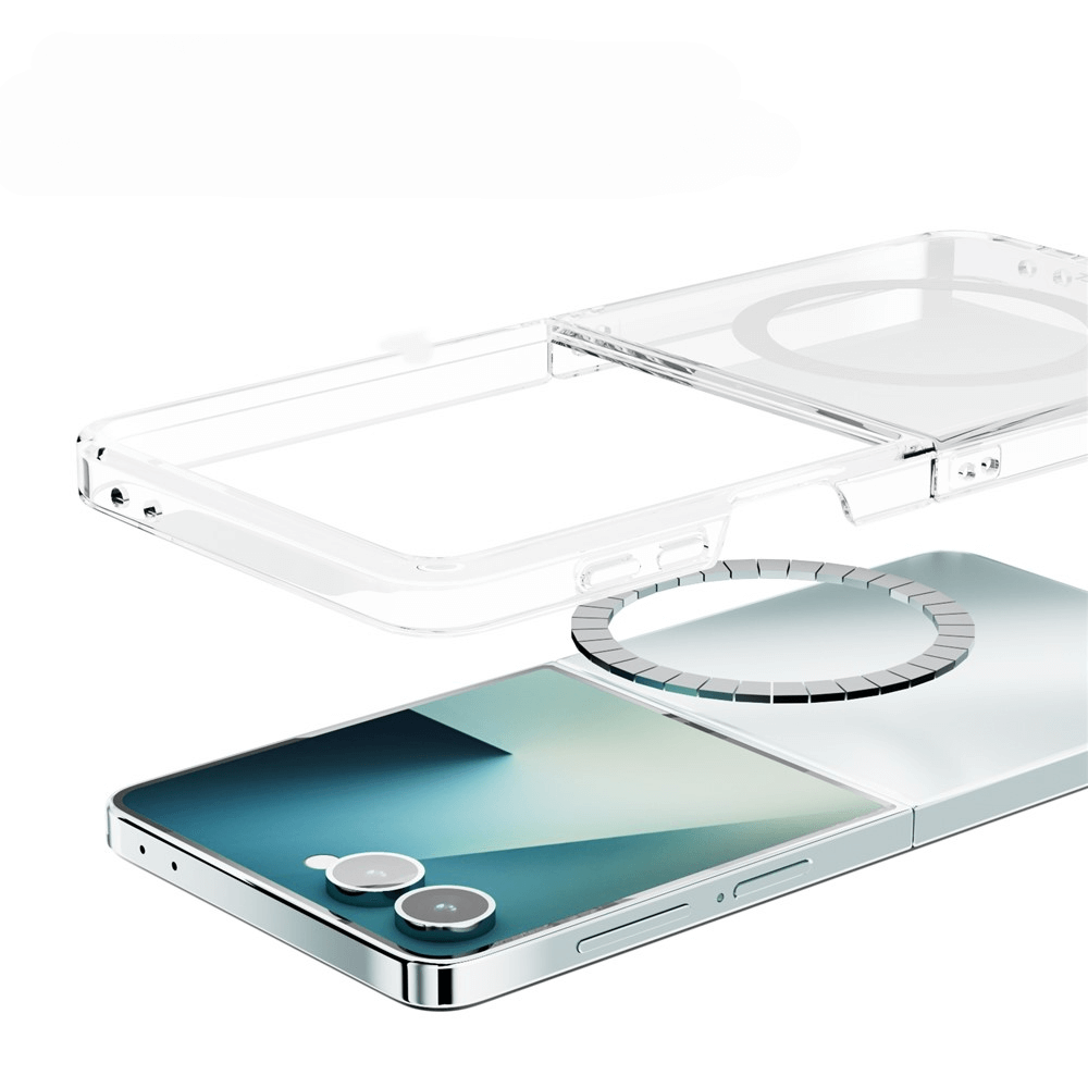 Die ABEEL Acryl-Handyhülle mit MagSafe für Galaxy Z Flip7 schwebt über einem modernen, klappbaren Smartphone-Design und bietet 360-Grad-Schutz.